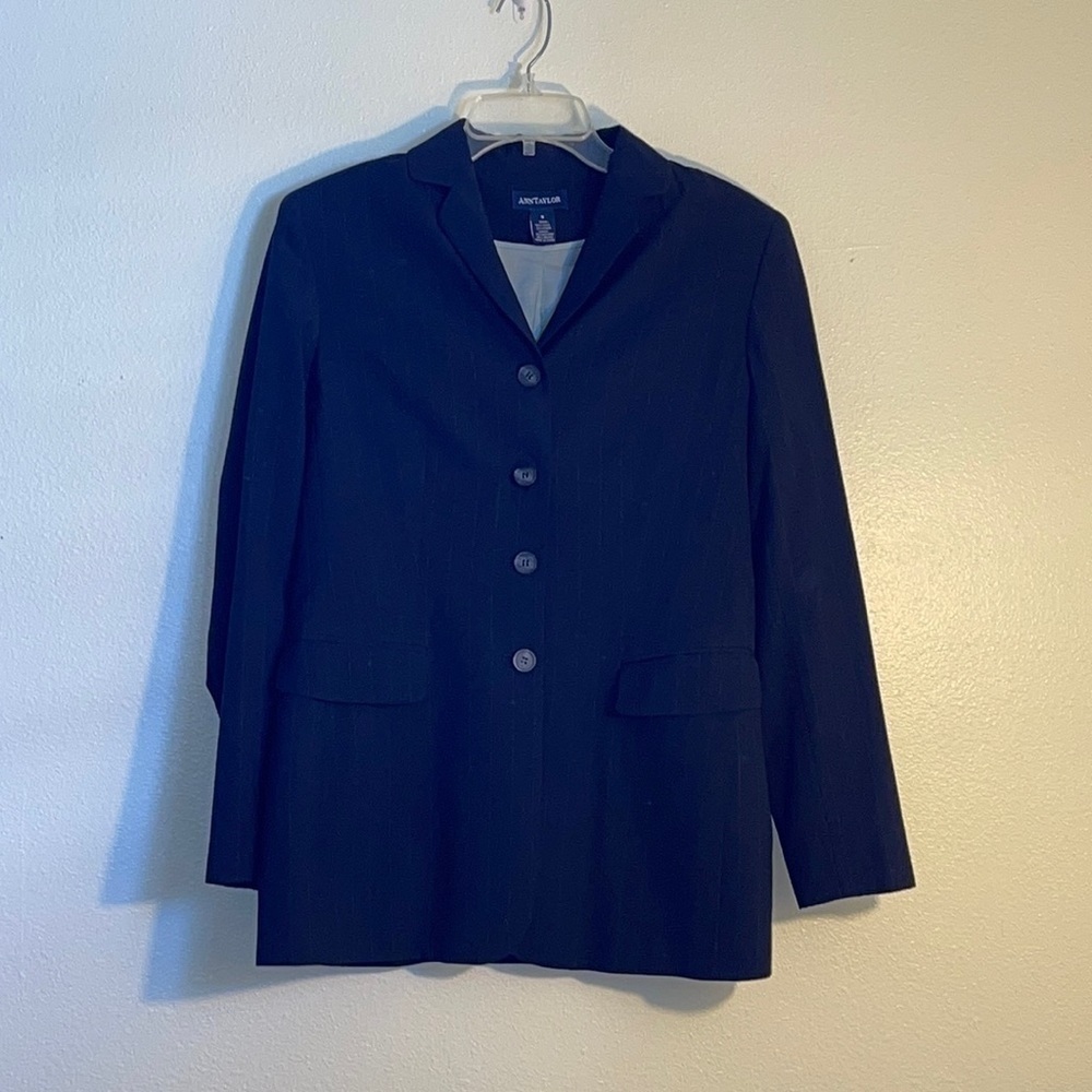 Ann Taylor Striped Wool Navy Blue Lined Jacket size 8